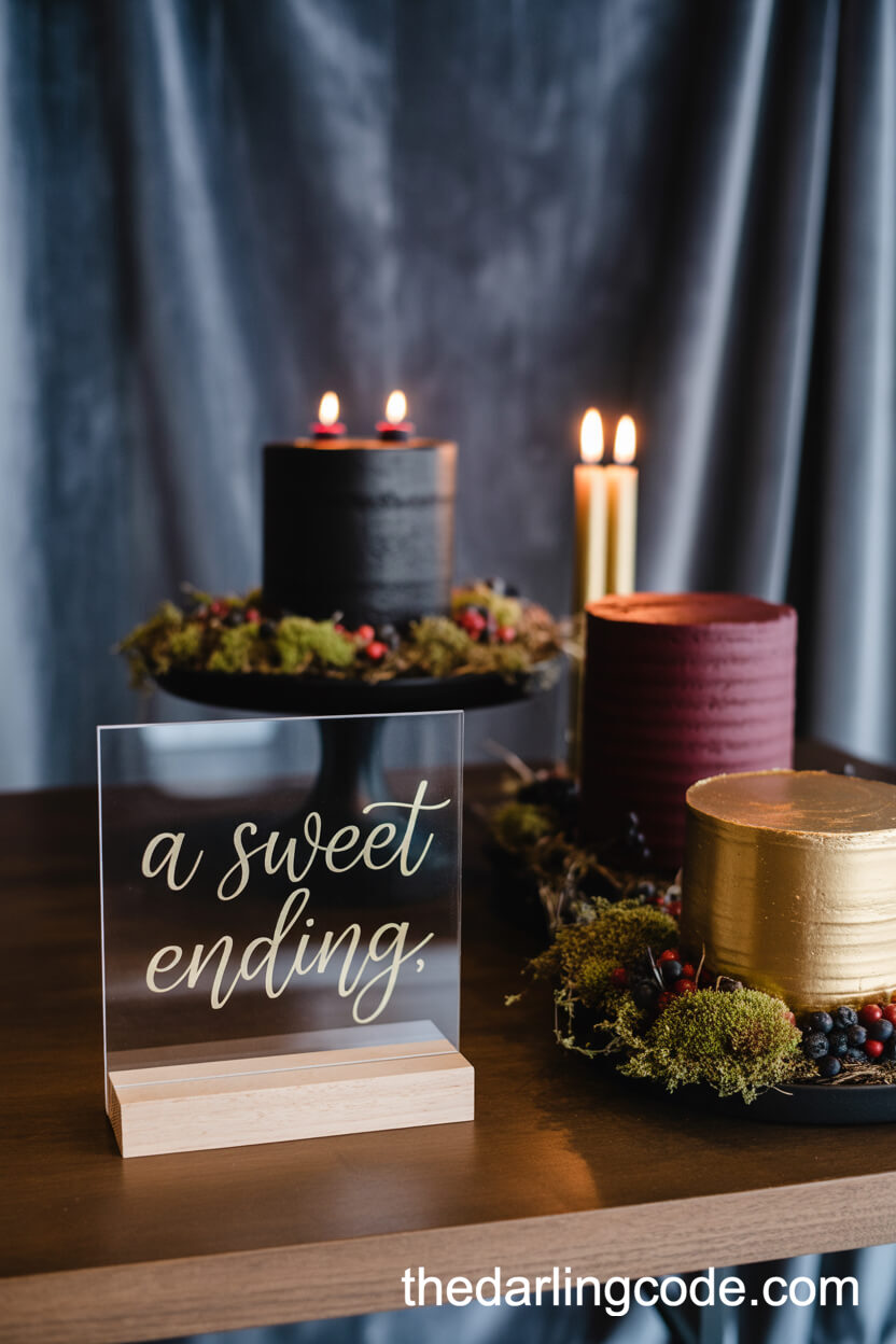 Moody Cake Table With Charcoal Velvet And Gold Calligraphy Sign