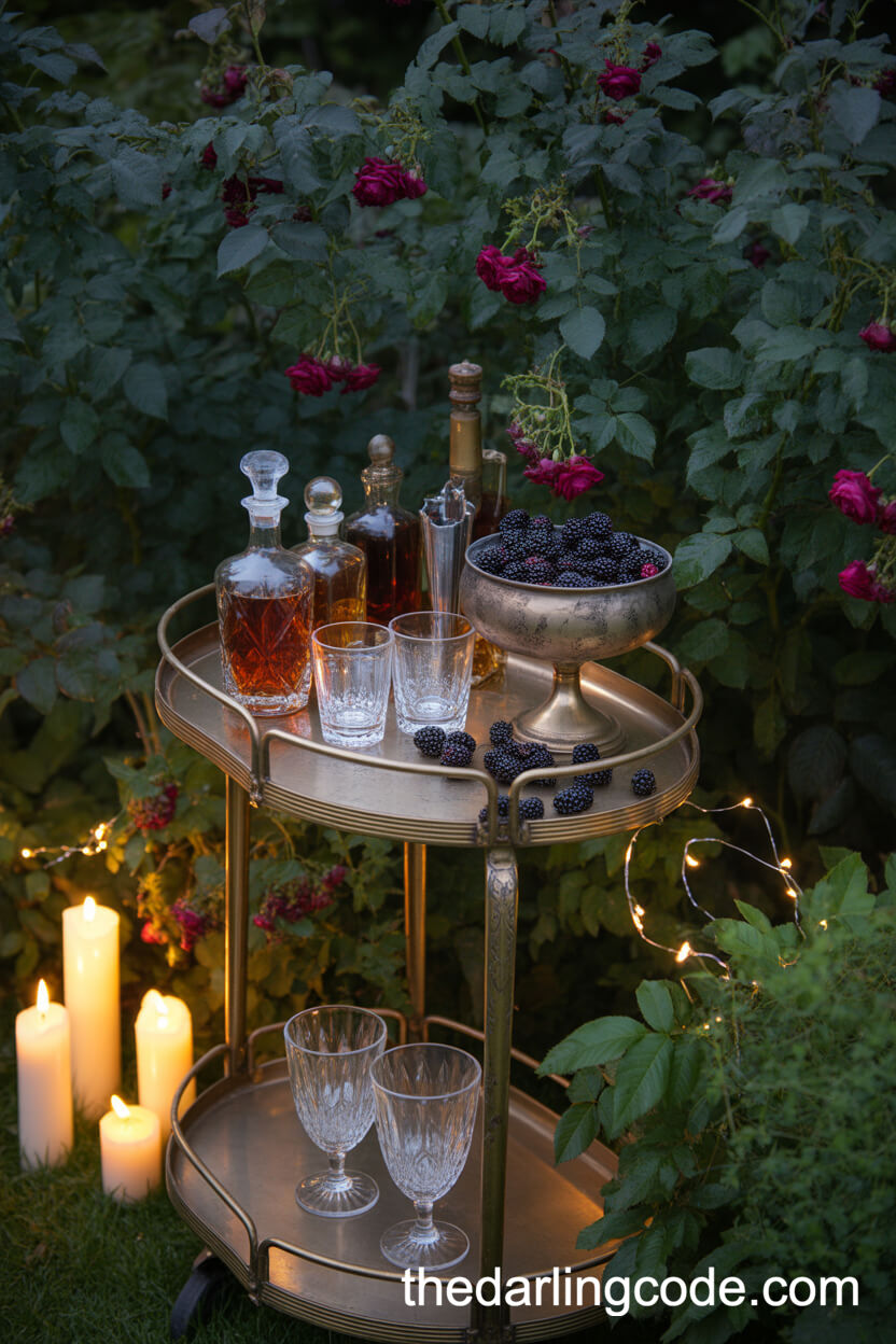 Twilight Garden Bar Cart Surrounded By Lush Foliage And Smoky Candles