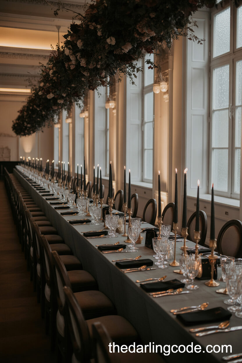 Grand Ballroom Tablescape With Hanging Dark Floral Arrangements