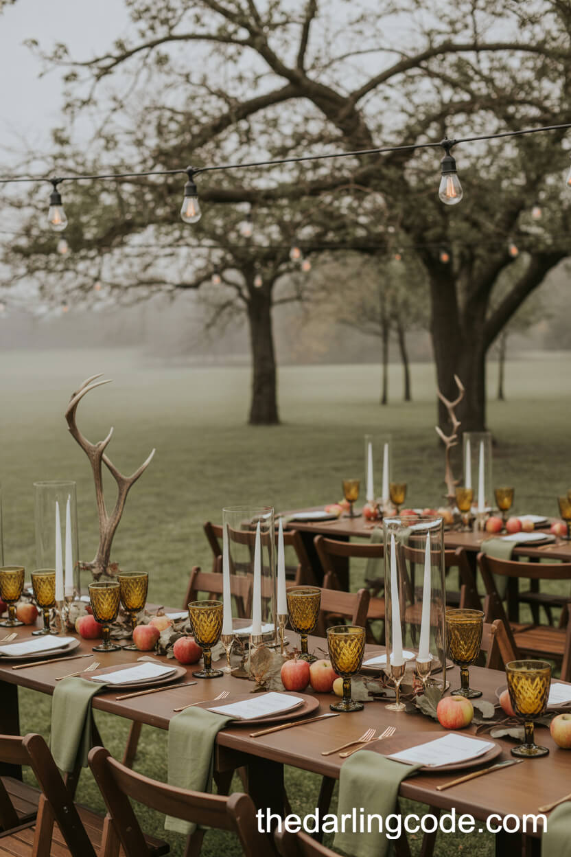 Outdoor Reception Tables Beneath Leafless Trees And Edison Bulbs