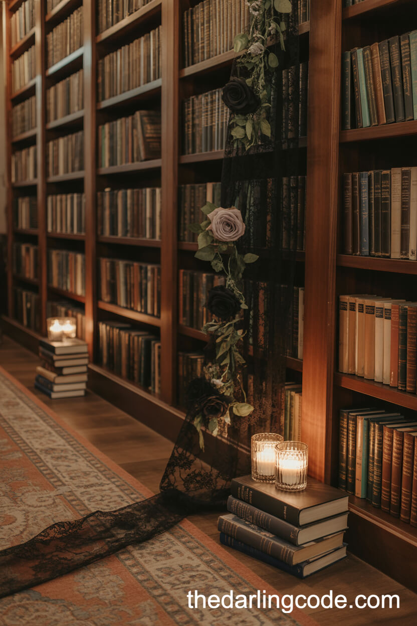 Library Ceremony With Antique Books Black Lace And Flickering Candlelight