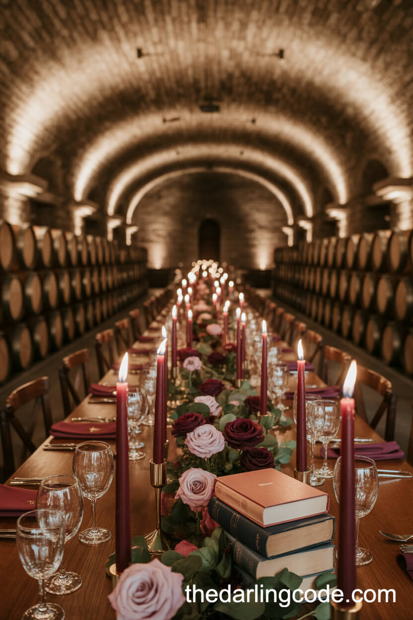 Wine Cellar Reception With Burgundy Tapers And Plum Garden Roses