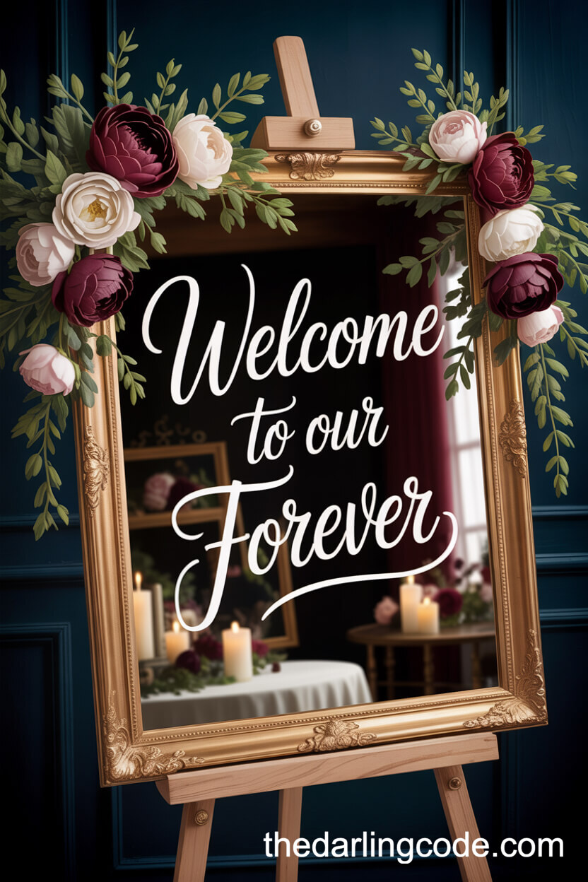 Gold-Framed Calligraphy Mirror Welcome Sign With Moody Florals