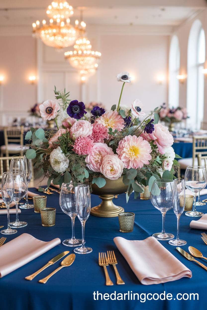 Lush Centerpieces With Blush Peonies And Navy Anemones In Gold Urns