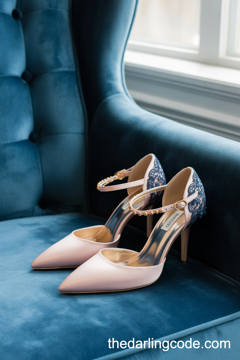 Designer Blush Pink Heels With Navy Embellishments