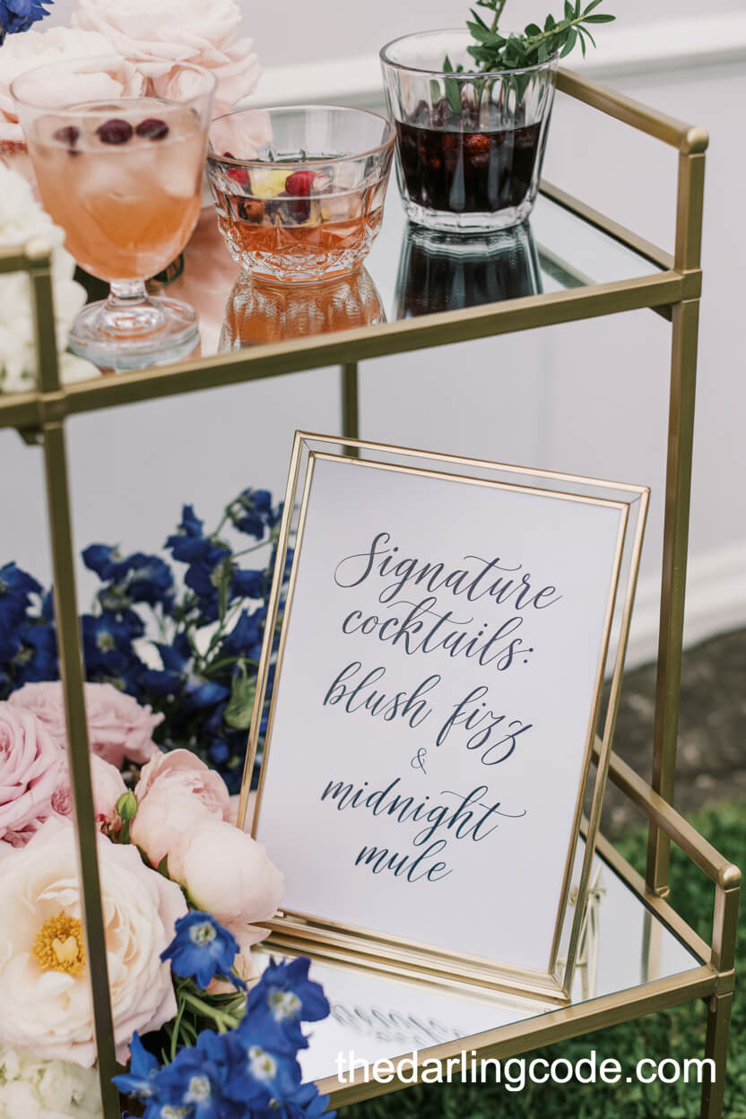 Chic Wedding Bar With Signature Cocktails In Blush And Navy Hues