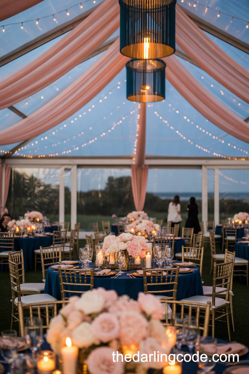 Luxury Tented Reception With Navy And Blush Draping