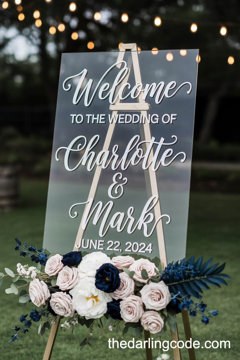 Acrylic Welcome Sign Surrounded By Blush And Navy Flowers