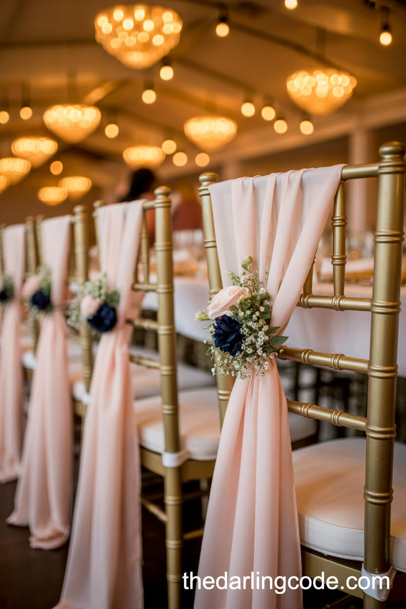 Reception Rows Of Gold Chiavari Chairs With Blush Sashes