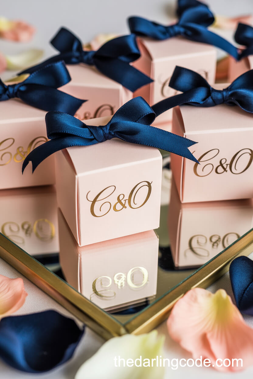 Elegant Arrangement Of Blush Wedding Favors With Navy Bows