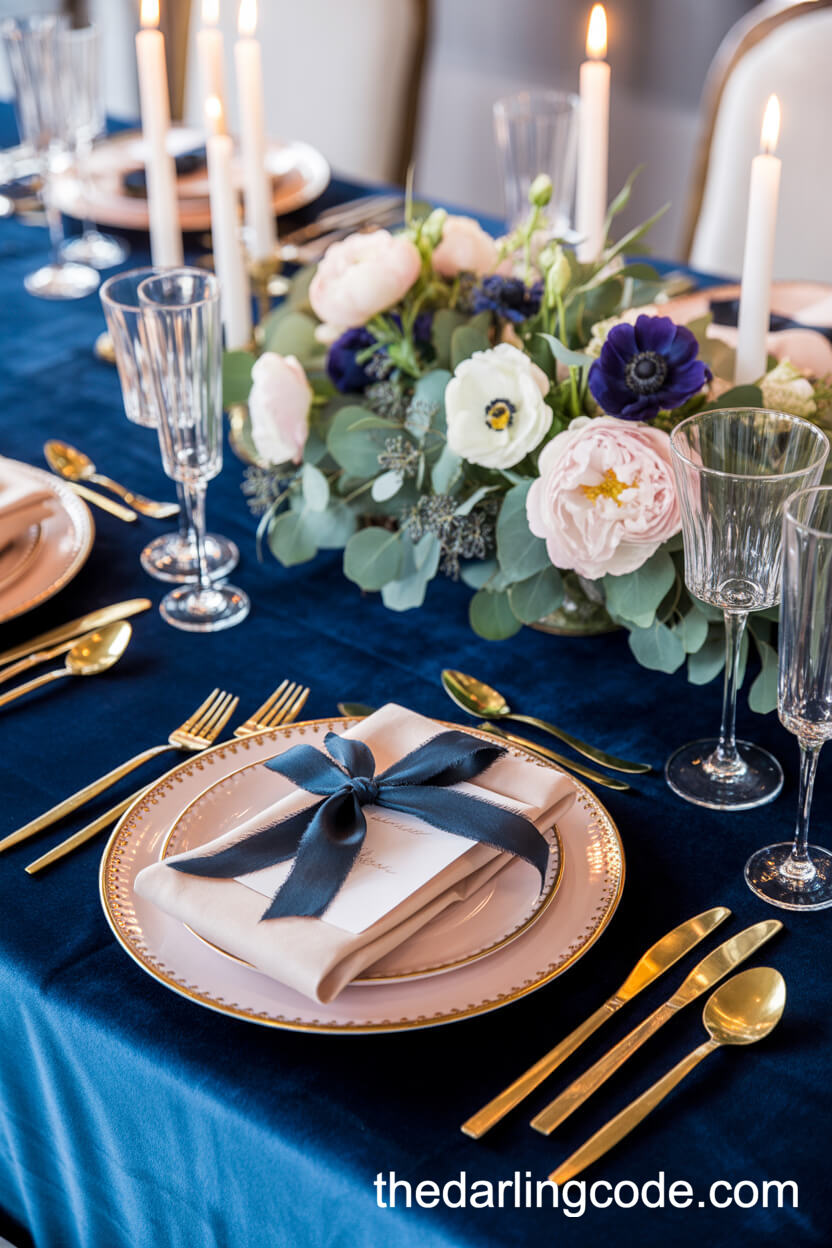 Elegant Reception Table Setting With Navy Velvet And Blush Accents