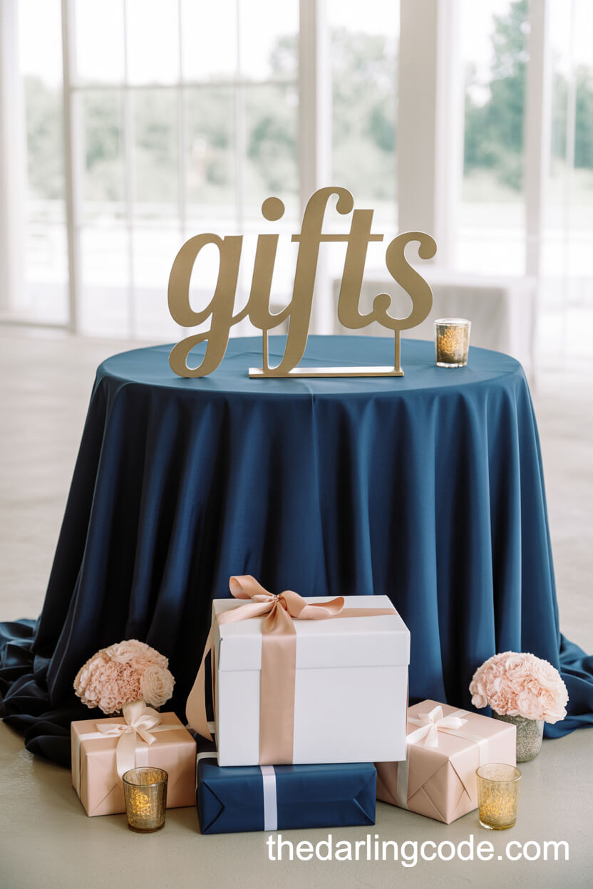 Stylishly Decorated Gift Table With Navy Linen