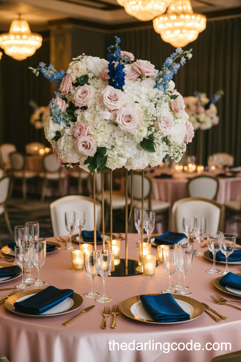 Glamorous Reception Table With A Tall Navy And Blush Centerpiece