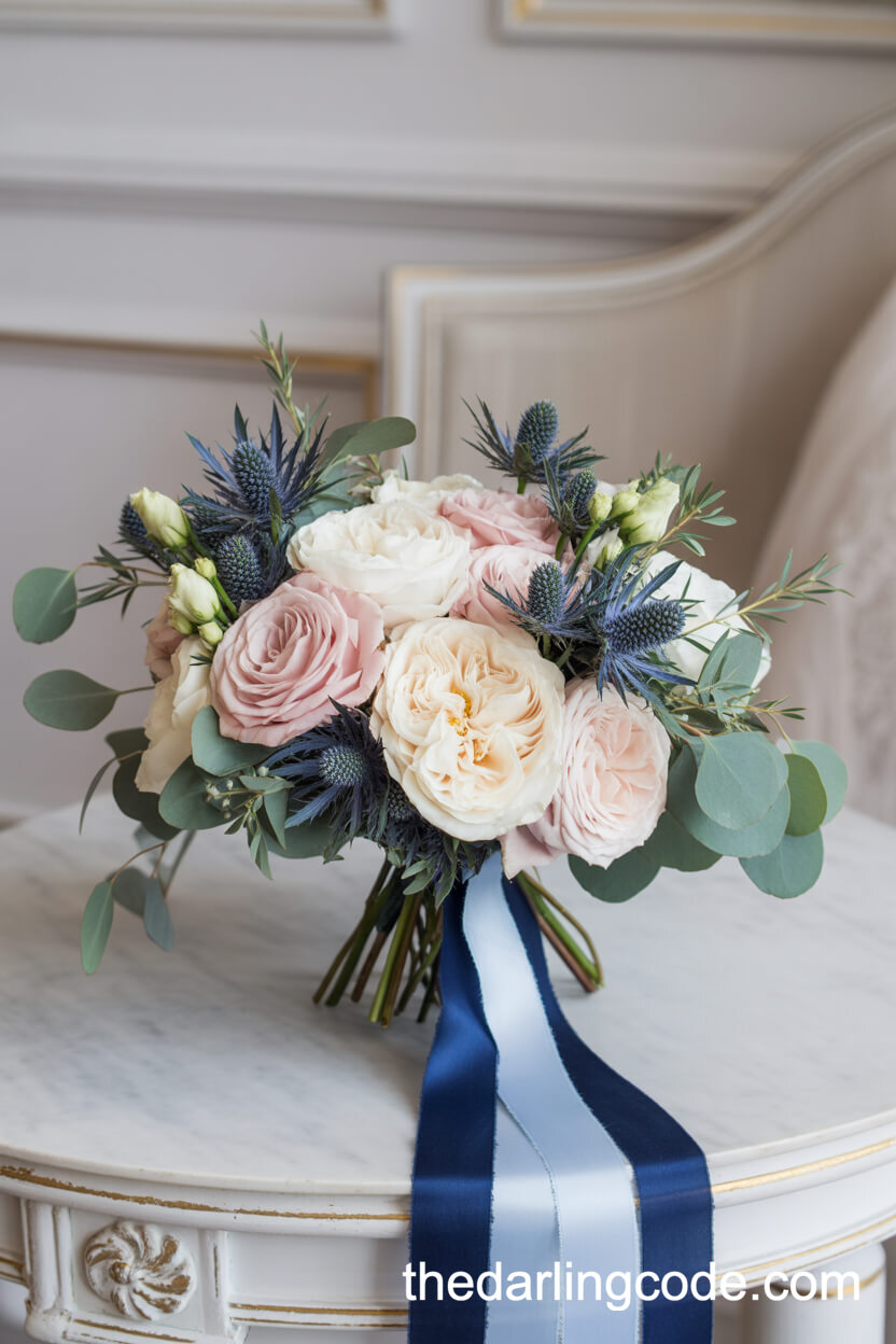 Overflowing Bridal Bouquet Of Blush Roses And Navy Thistle