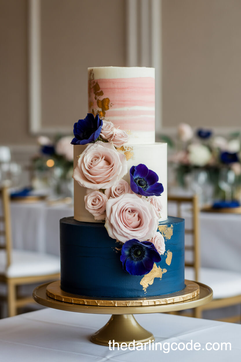 Luxurious Three-Tier Wedding Cake With Navy And Blush Florals
