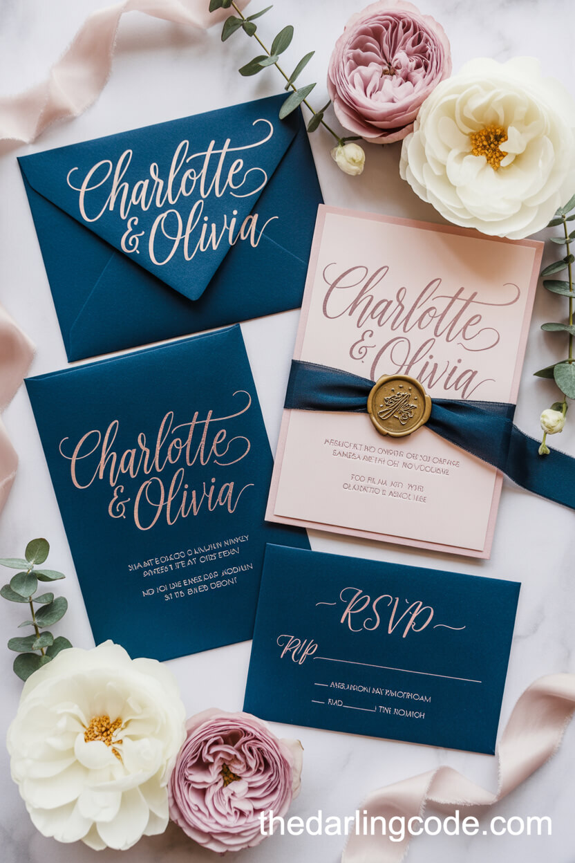 Elegant Invitation Suite With Navy Envelopes And Blush Calligraphy