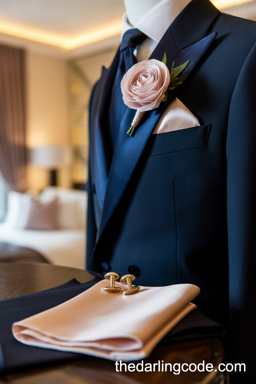 Stylish Navy Tuxedo Jacket With A Blush Pink Boutonniere