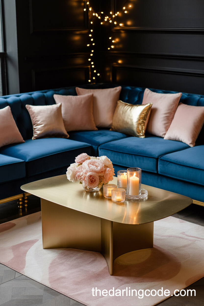 Cozy Reception Lounge With Navy Velvet And Blush Pillows
