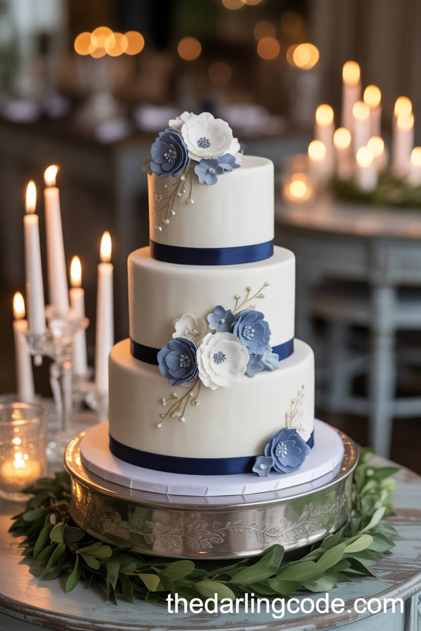 Elegant White Wedding Cake With Navy Blue Accents