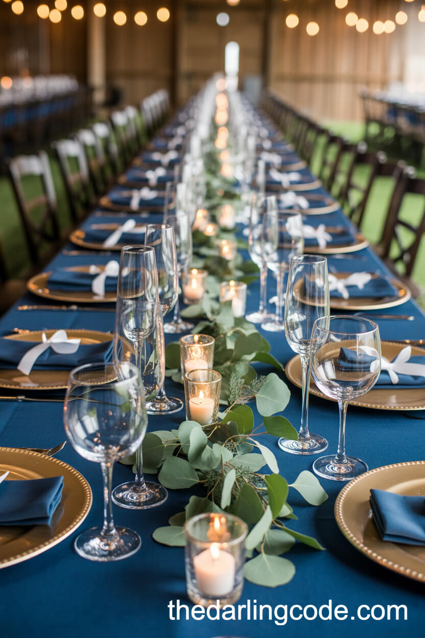 Navy Blue And Gold Reception Tablescapes
