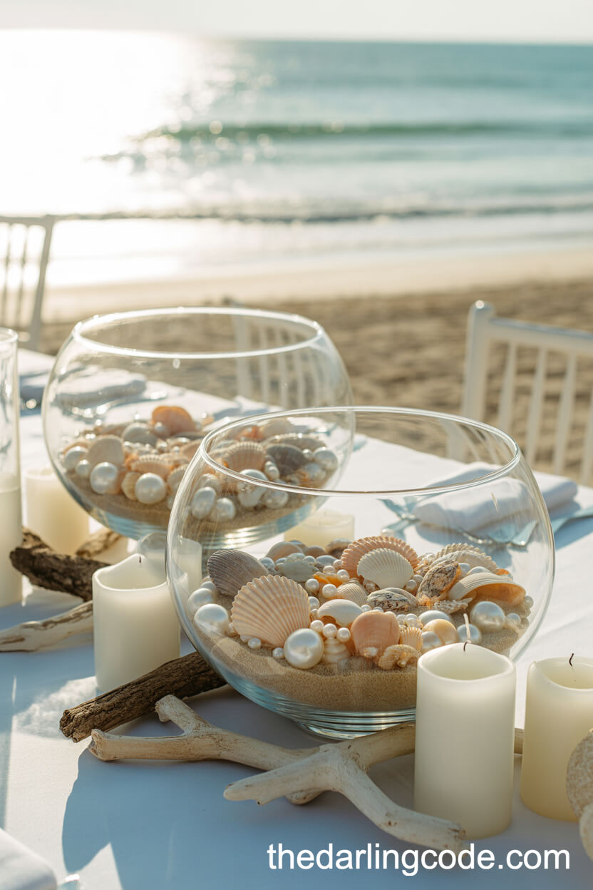 Beachside Glass Bowls Of Shells, Pearls, And Driftwood