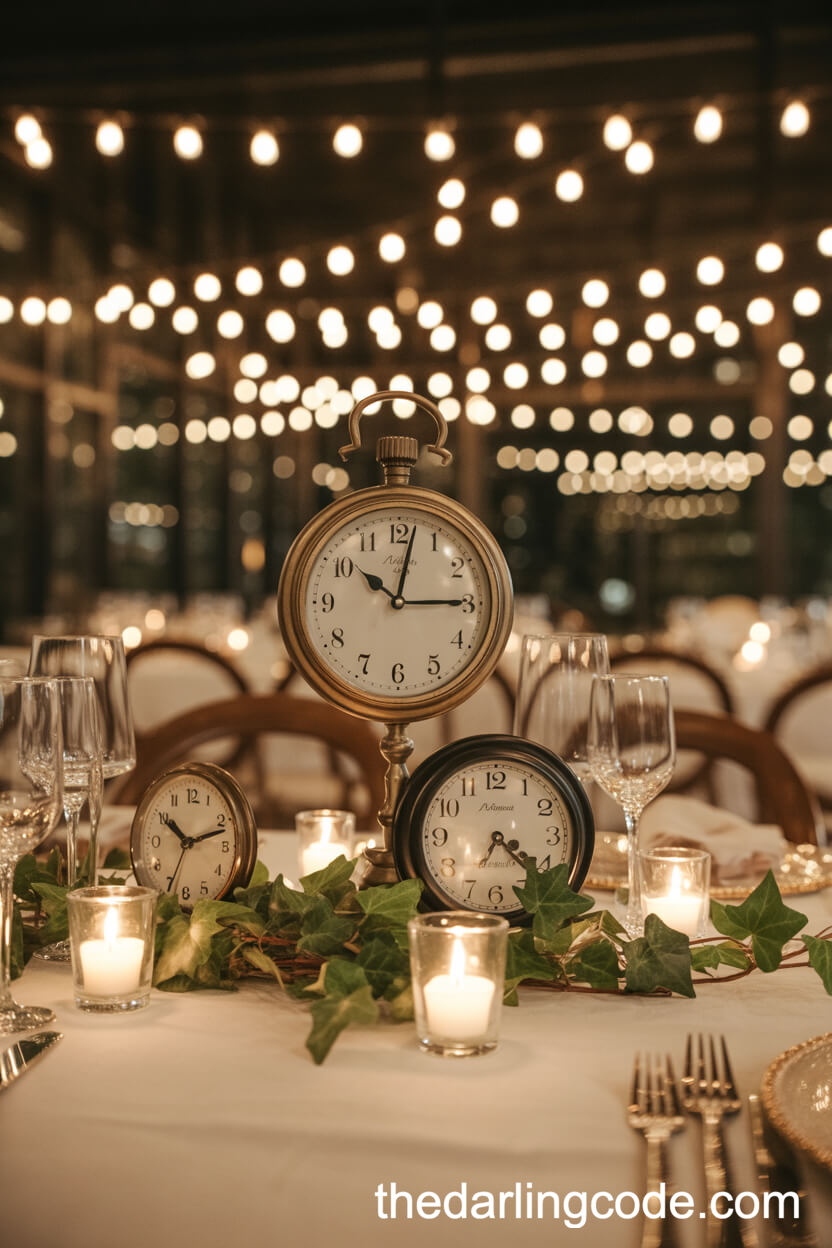 Antique Clocks Surrounded By Candles And Ivy