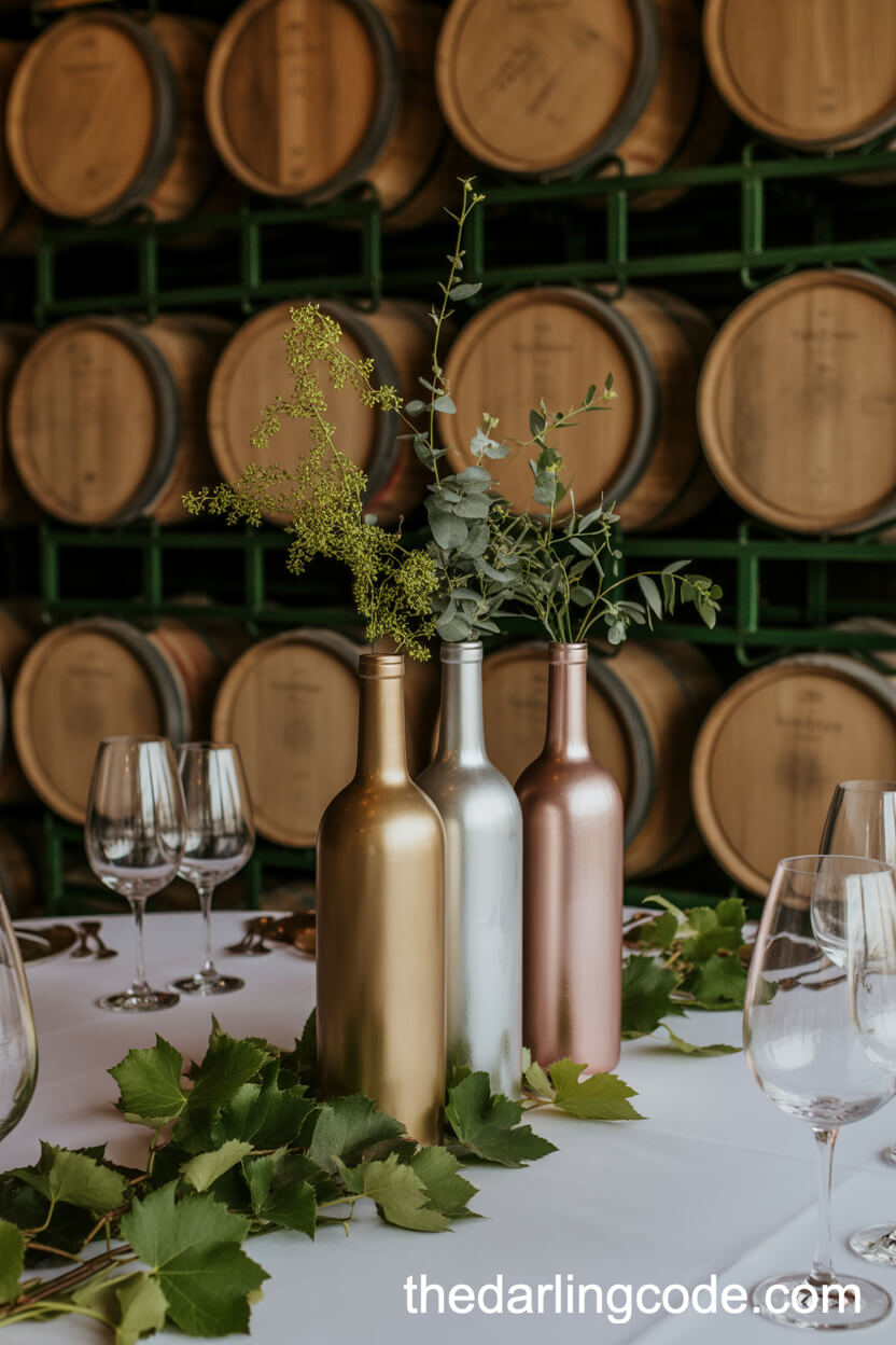 Metallic Painted Wine Bottles With Cascading Greenery