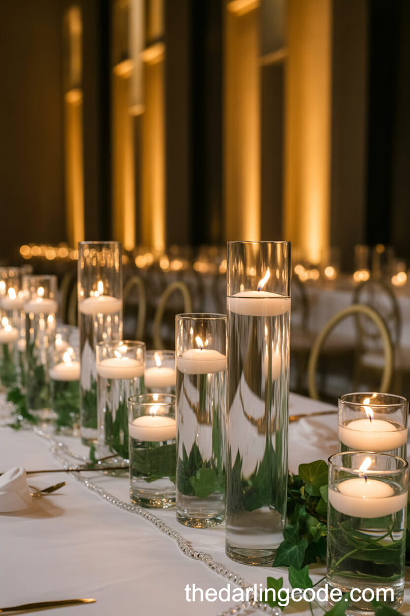 Floating Candle Cylinders With Ivy And Crystal Beads