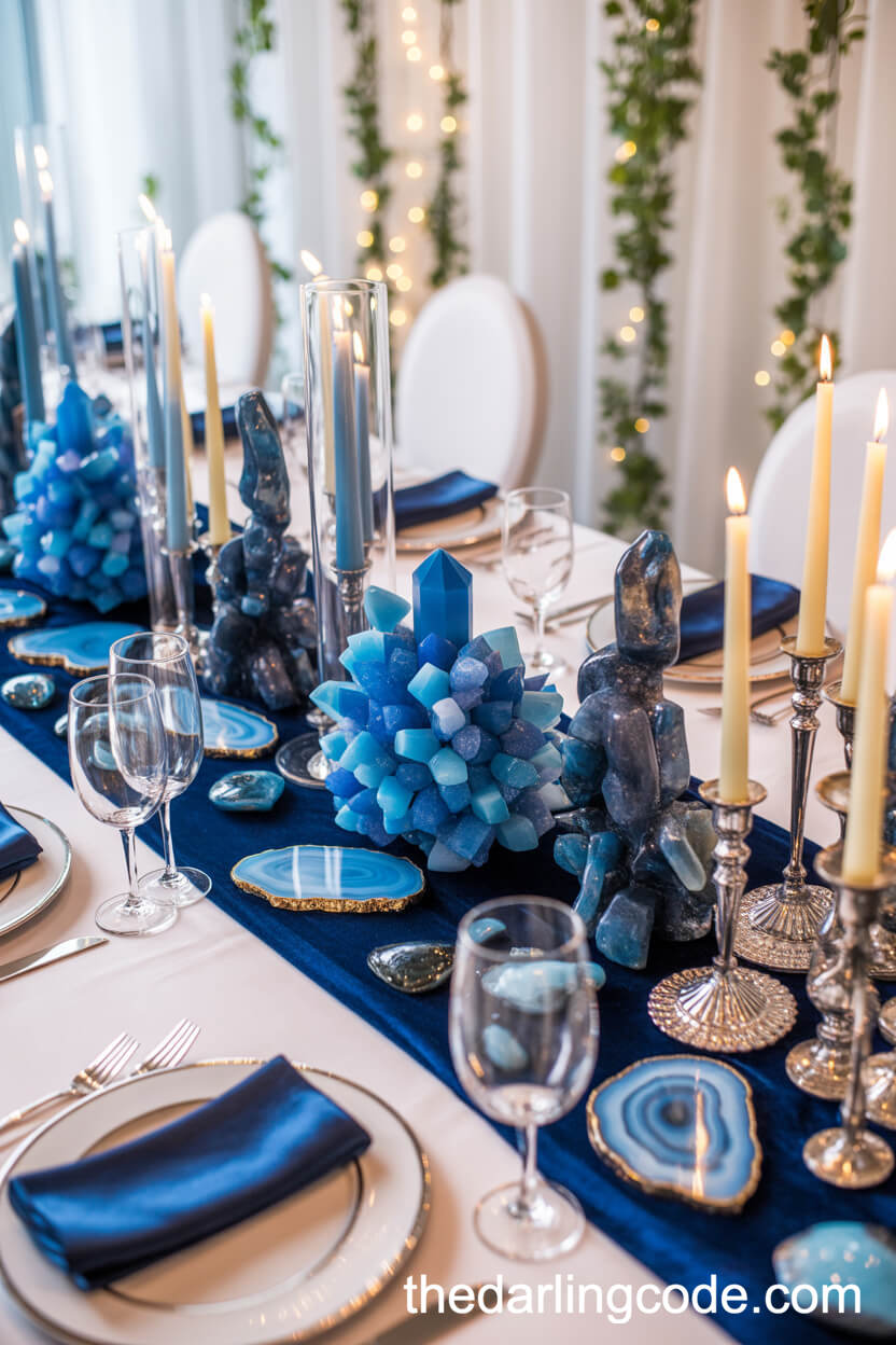 Blue Crystal Sculptures With Agate And Gem Accents