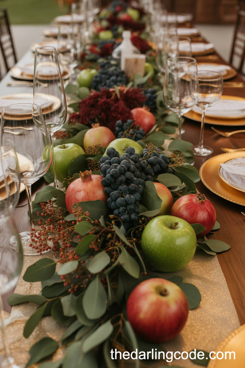 Harvest Centerpiece Of Apples, Grapes, And Greenery