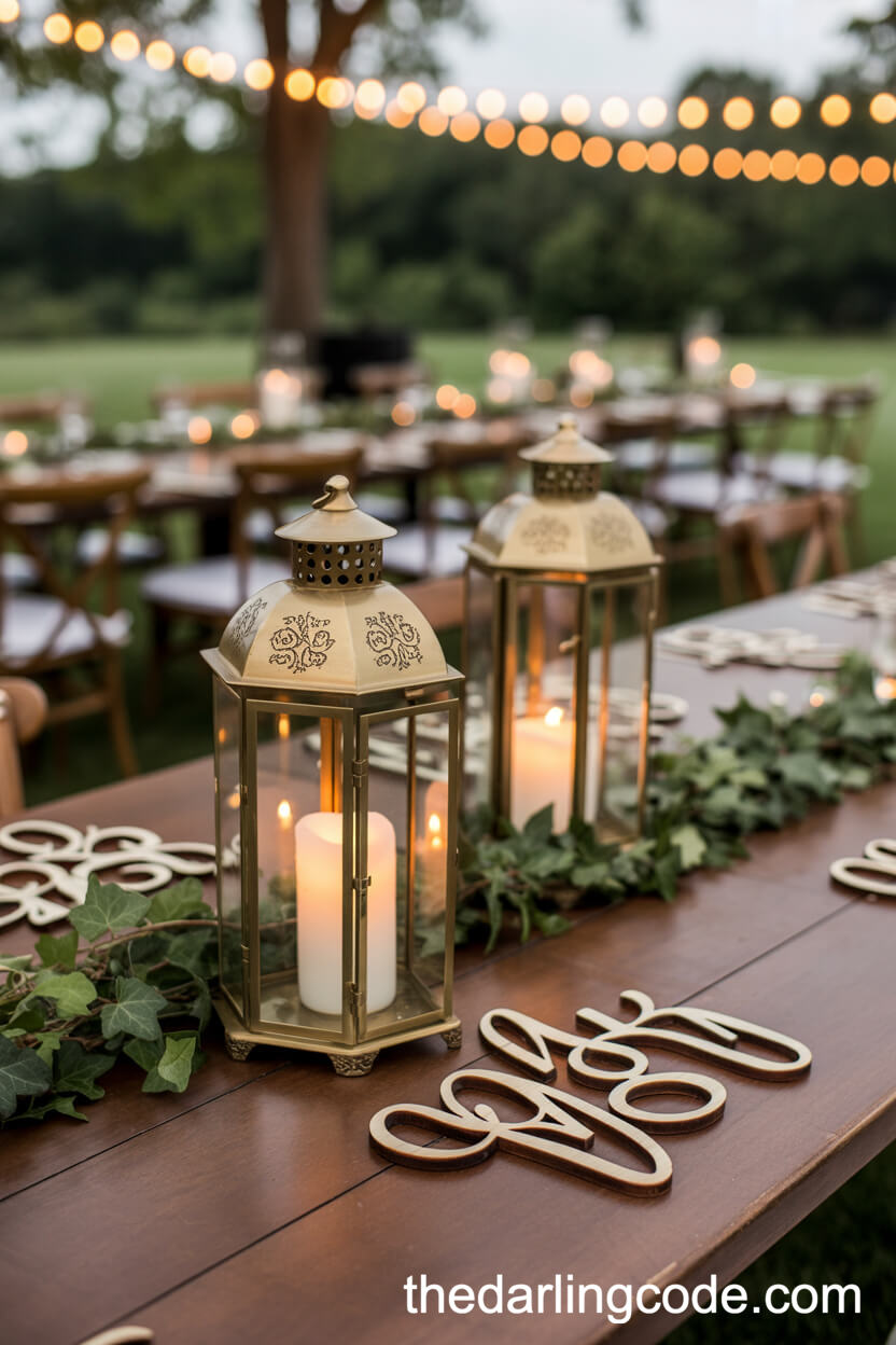Ornate Brass Lanterns With Ivy On Farmhouse Tables