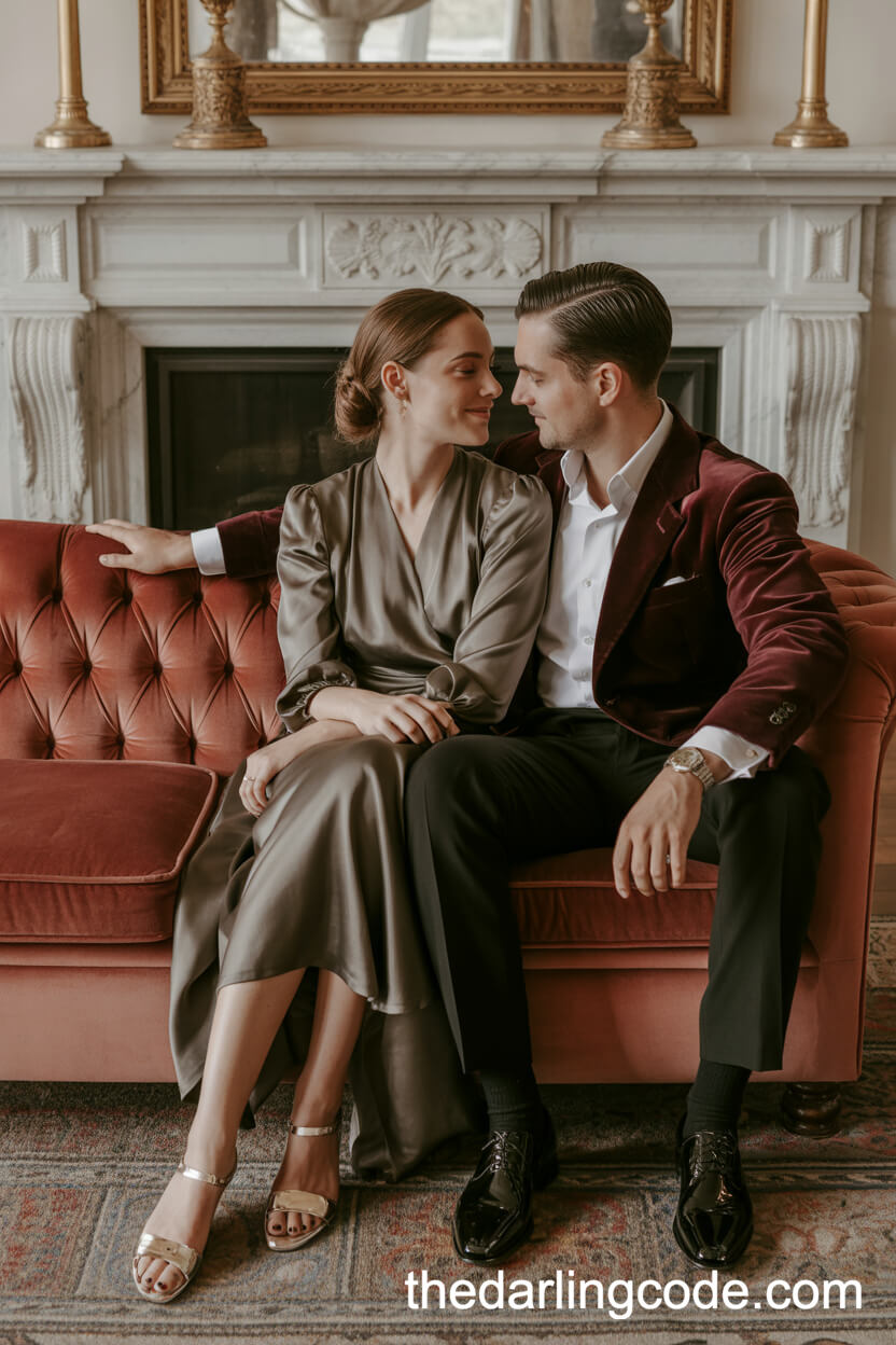 Cuddling On A Sofa By The Fireplace In A Stately Parlor