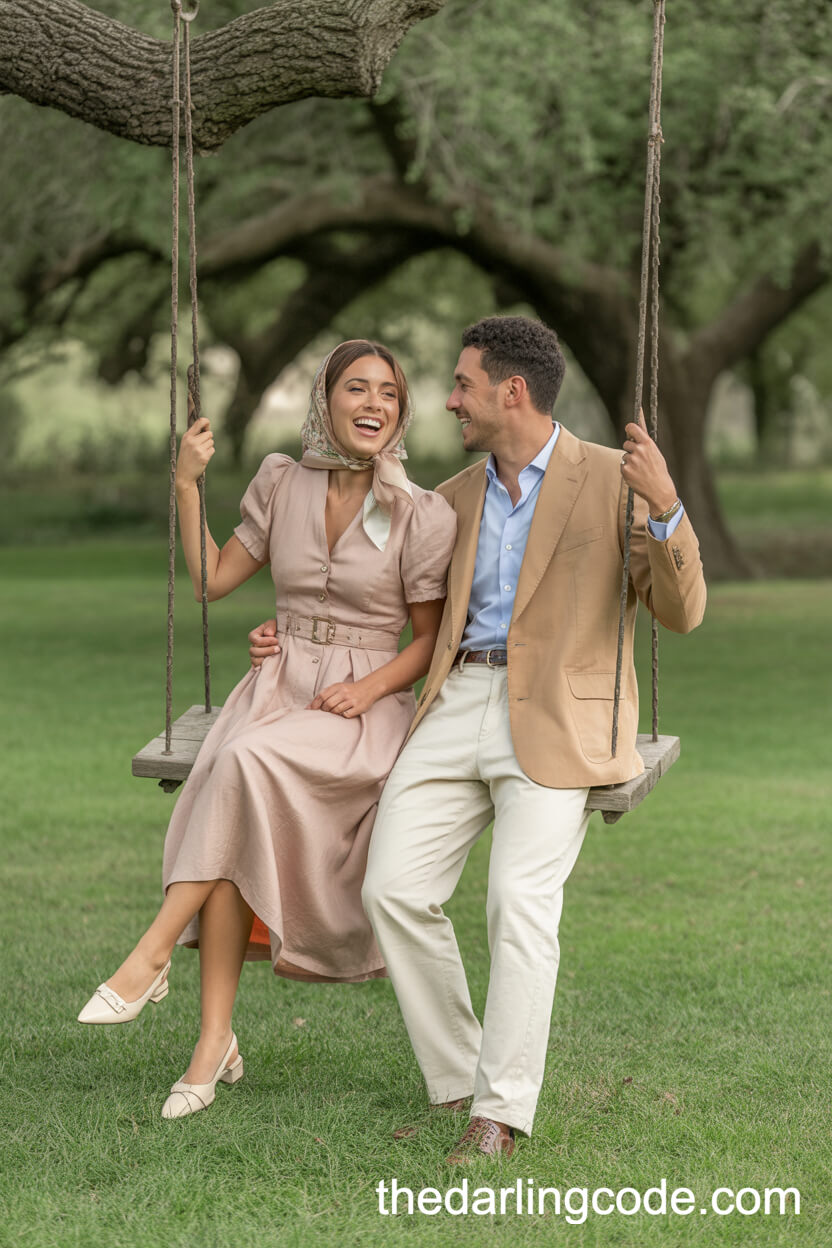 Laughing Together On A Wooden Swing In An Orchard