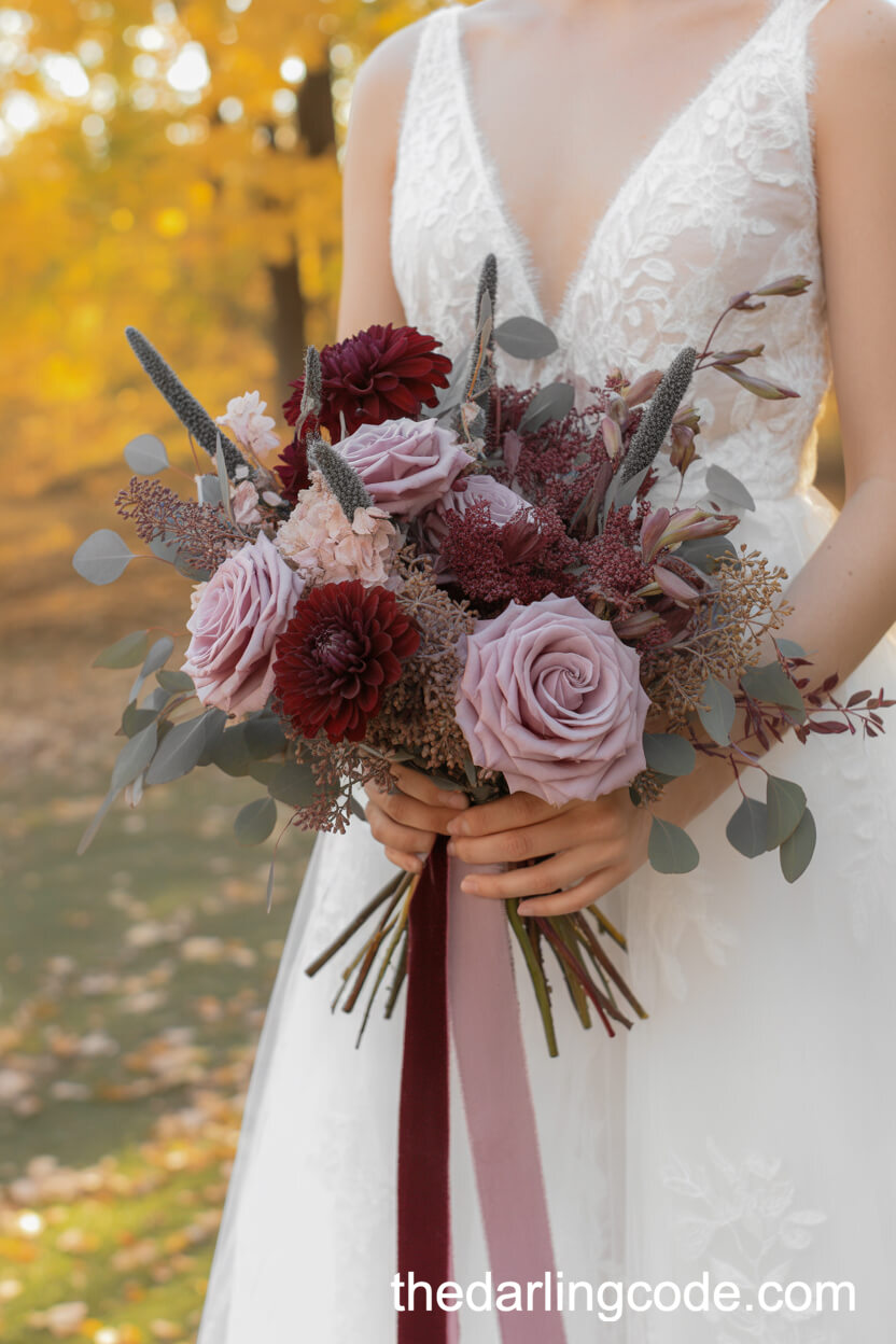 Autumn Bridal Bouquet With Dusty Mauve Roses And Burgundy Dahlias