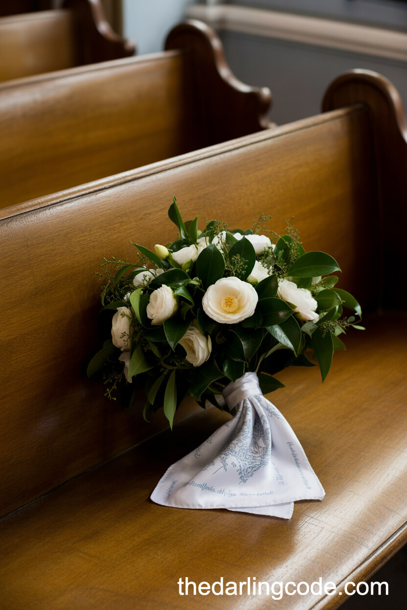 White Camellia And Lush Foliage Bouquet Tied With Vintage Silk Handkerchief