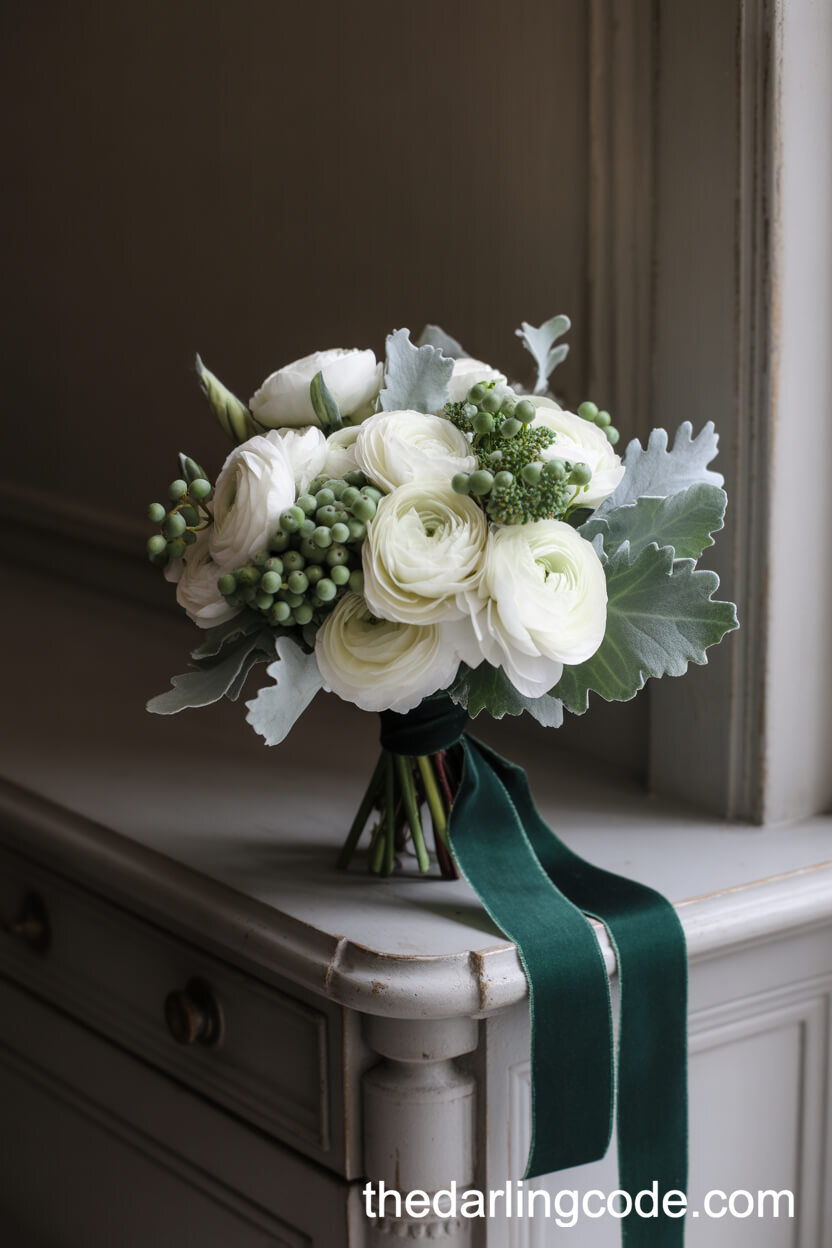 Winter Bouquet With White Ranunculus, Snowberries, And Emerald Velvet Ribbon