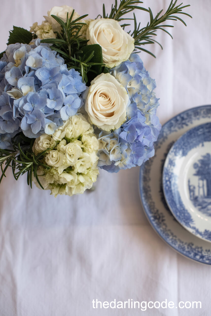 Pale Blue Hydrangea And Ivory Rose Bouquet With Rosemary Sprigs
