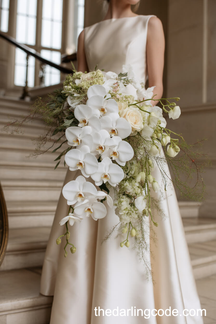 Dramatic Cascading White Orchid And Cream Rose Bridal Bouquet