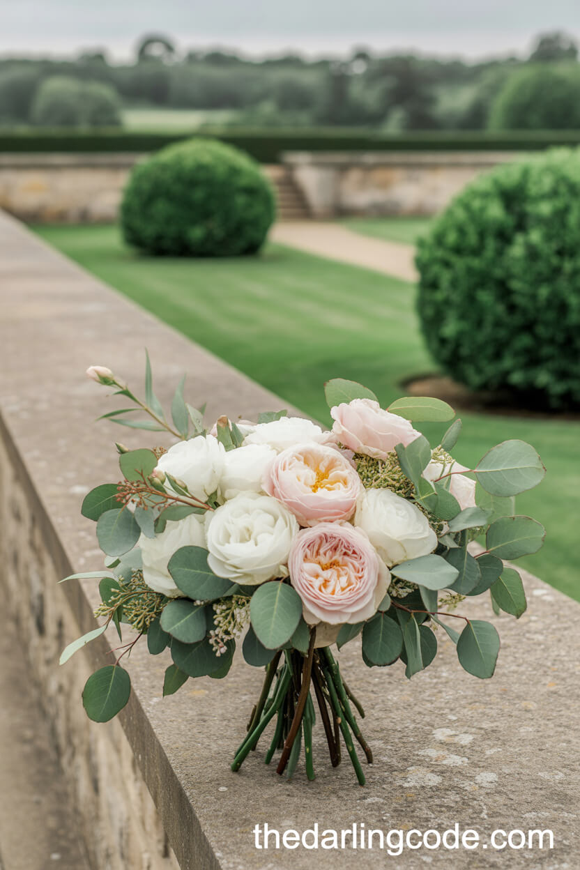 White And Blush David Austin Rose Bouquet With Timeless Greenery