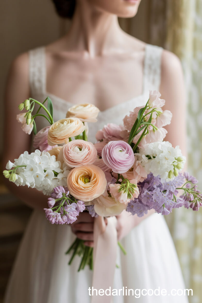 Pastel Ranunculus, White Lilac, And Blush Sweet Pea Old Money Bouquet