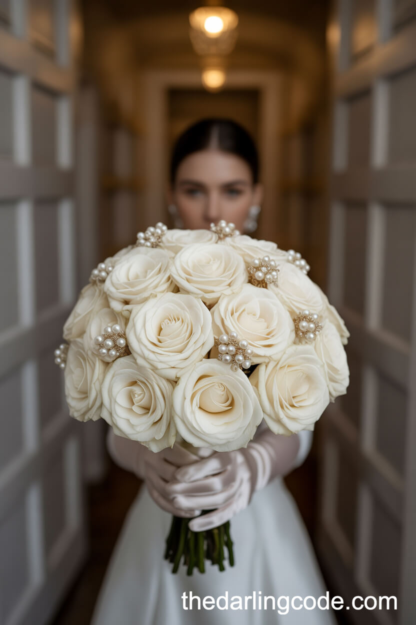 Pristine White Rose Bouquet with Pearl Accents and Satin Ribbon