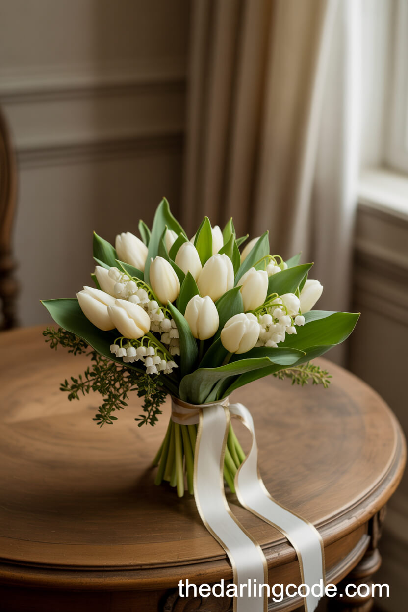 Creamy White French Tulip And Lily Of The Valley Bridal Bouquet