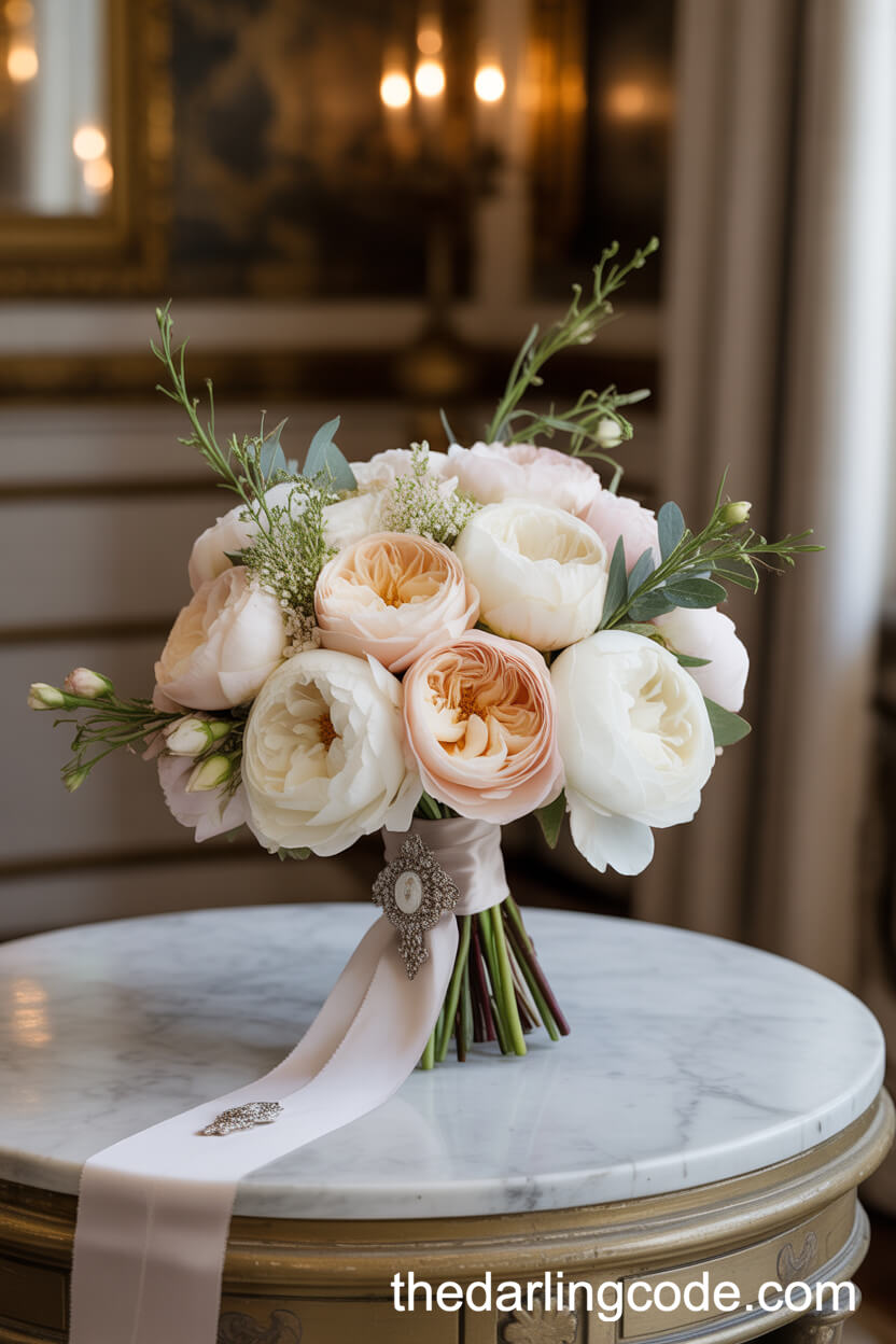 White Peony And Garden Rose Bouquet With Antique Brooch Accent