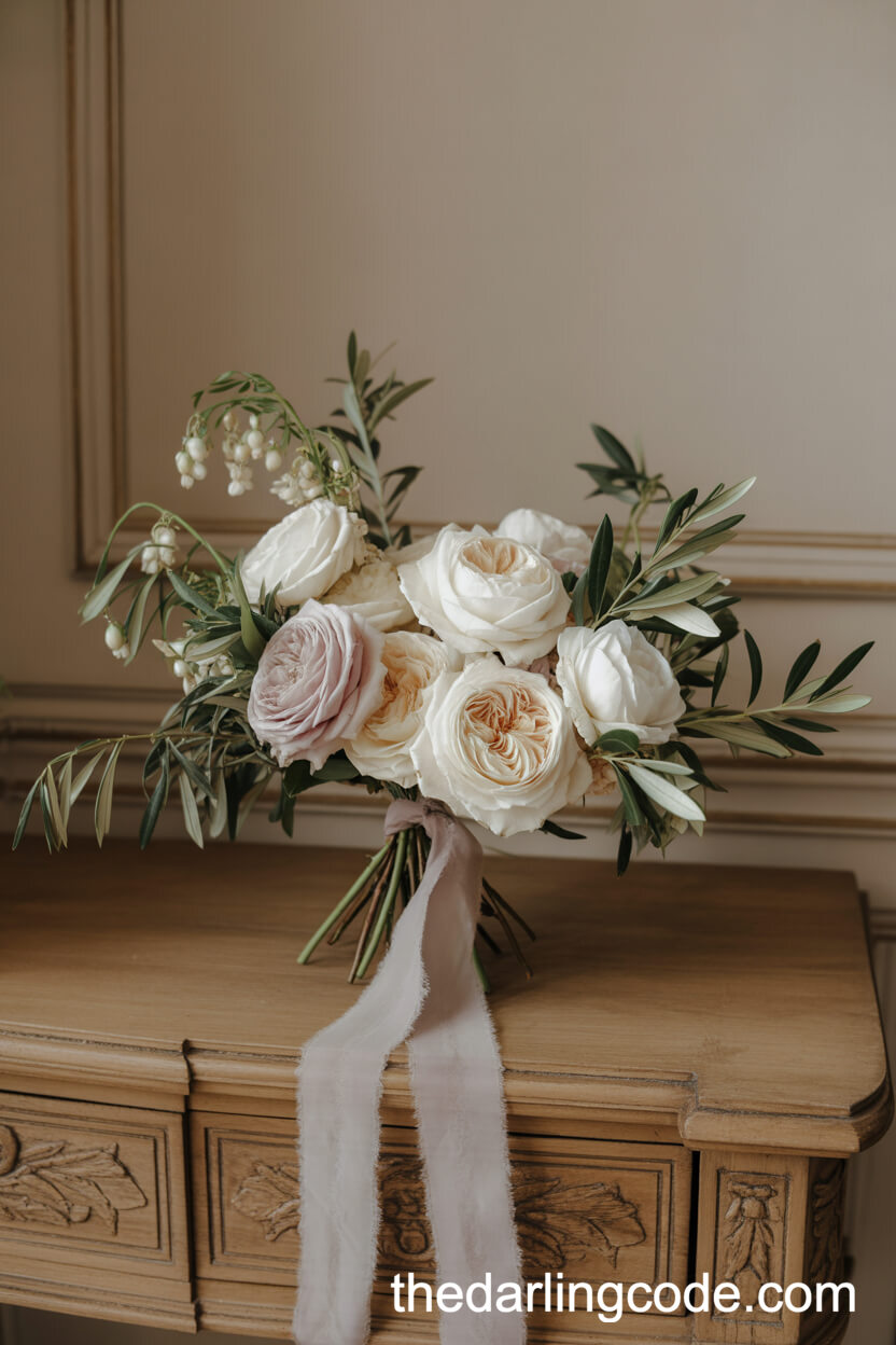 Antique English Garden Rose Bouquet With Olive And Jasmine