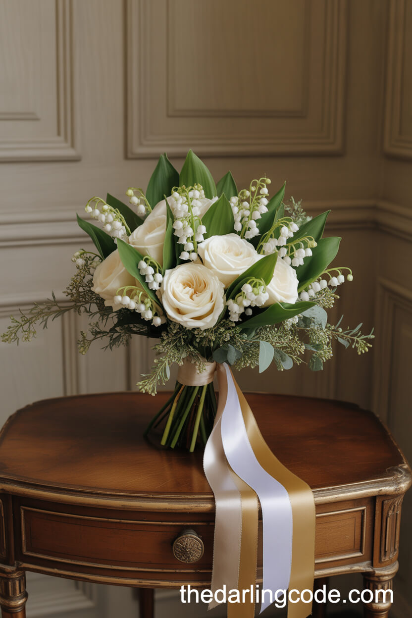 Lily Of The Valley And White Garden Rose Bouquet With Italian Ruscus