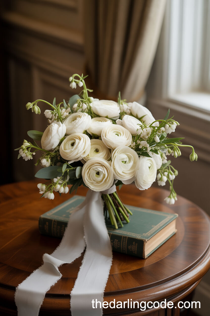 Densely Petaled White Ranunculus And Jasmine Vine Elegant Bouquet