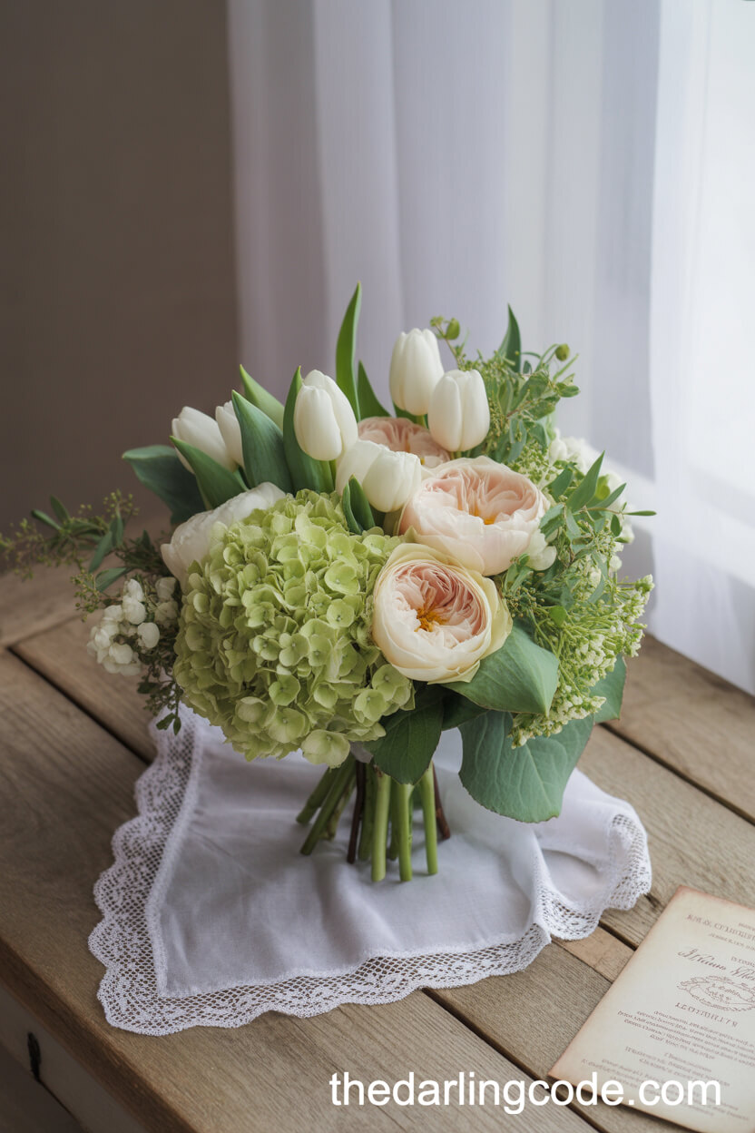 Spring Bouquet With Green Hydrangeas, White Tulips, And Garden Roses