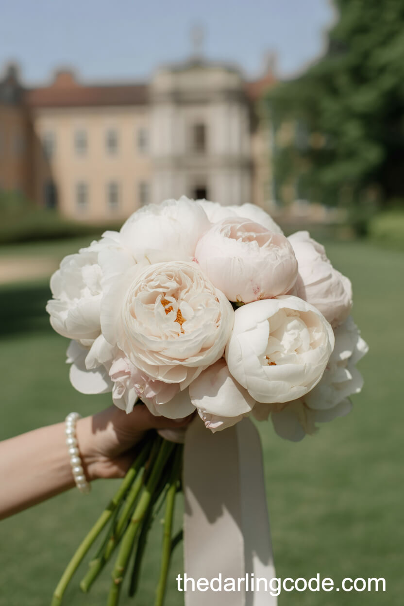 Luxurious White Peony Bridal Bouquet With Silk Ribbon