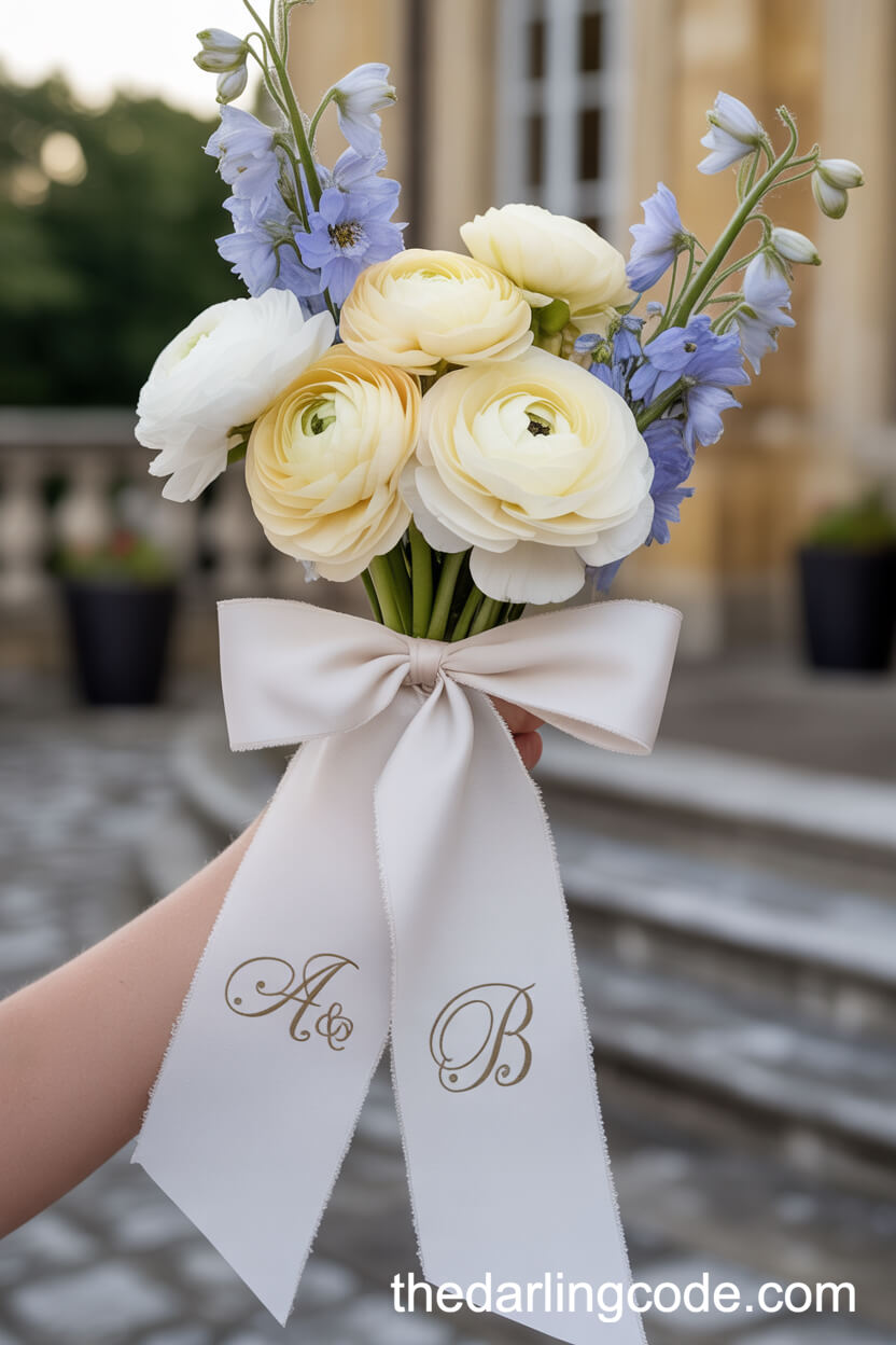 Creamy Ranunculus And Pale Blue Delphinium Bouquet With Monogrammed Ribbon