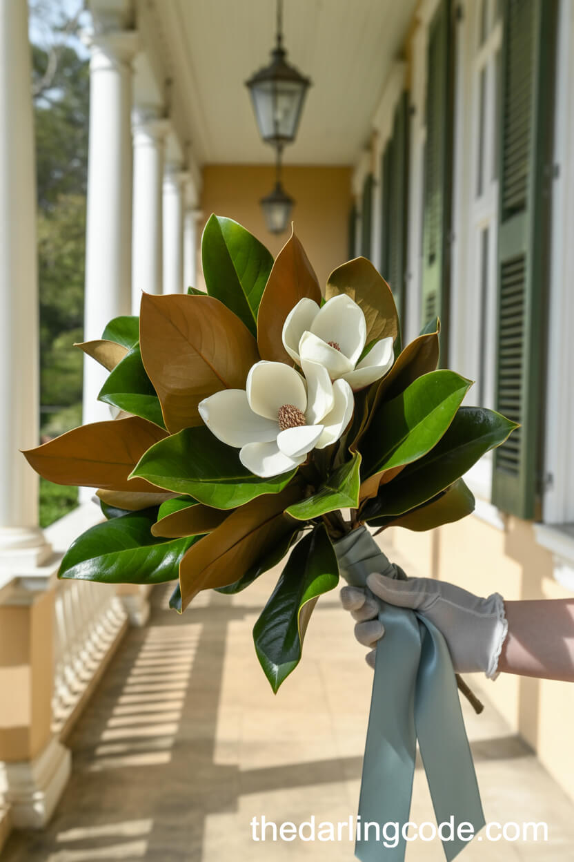 Elegant Magnolia Blossom Bouquet With Dusty Blue Silk Ribbon
